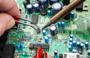 A close-up of a hand using tweezers and a soldering iron to work on components of a green electronic circuit board, an essential process in quick turn prototyping alongside functional testing and assembly.